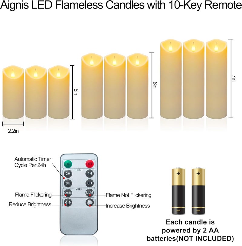 Aignis 9pcs Flameless LED Candles Battery Operated with 10-Key Remote & Timer, Indoor Heat Resistant, 3D Wick with Warm Flickering Glow for Cozy Home/Wedding/Holiday Décor (D 2.2" x H 5"/6"/7") - Image 2